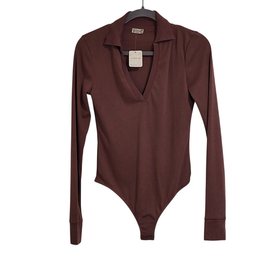 Free People Do It Right Bodysuit Women Medium Brown Hickory Ribbed V-Neck NWT